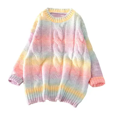 2023 autumn new soft ombre color knitted stripe sweater women Korean version loose wear versatile long sleeve sweater