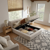 Lit double de style nordique en tissu de chanvre avec cadre en bois, fabriqué en Chine, 1500x2000mm, lit avec rangement, marque JXT