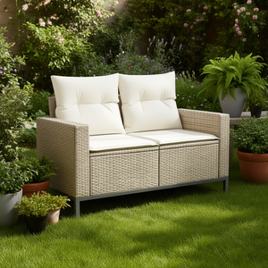Canapé de jardin en rotin beige deux places, mobilier d'extérieur avec coussin en mousse haute densité, design contemporain imperméable - Product Image 2