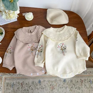 秋季婴儿针织荷包领长袖连身裤女婴刺绣羊毛紧身衣