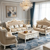 Ensemble de canapés de luxe européens en cuir véritable, 3 places, 2 places, fauteuil, structure en bois massif sculpté, pour salon, villa, hôtel, vente en gros