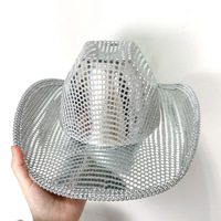 Chapeau de cowboy miroir disco 2026 en gros, à paillettes argentées, en polyester, protection solaire, avec protège-nuque, pour l'extérieur et les fêtes
