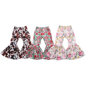 High Waist Bell Bottoms For Girls Comfortable Fitted Flared Pants Custom Lovely Print Ribbed Knit Kids Bell Bottoms