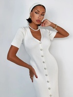 Nouvelle Robe Tricotée Col V Boutonnée Style Français Élégante en Nylon Uni pour le Printemps, Modèle Européen-Américain, Commerce International