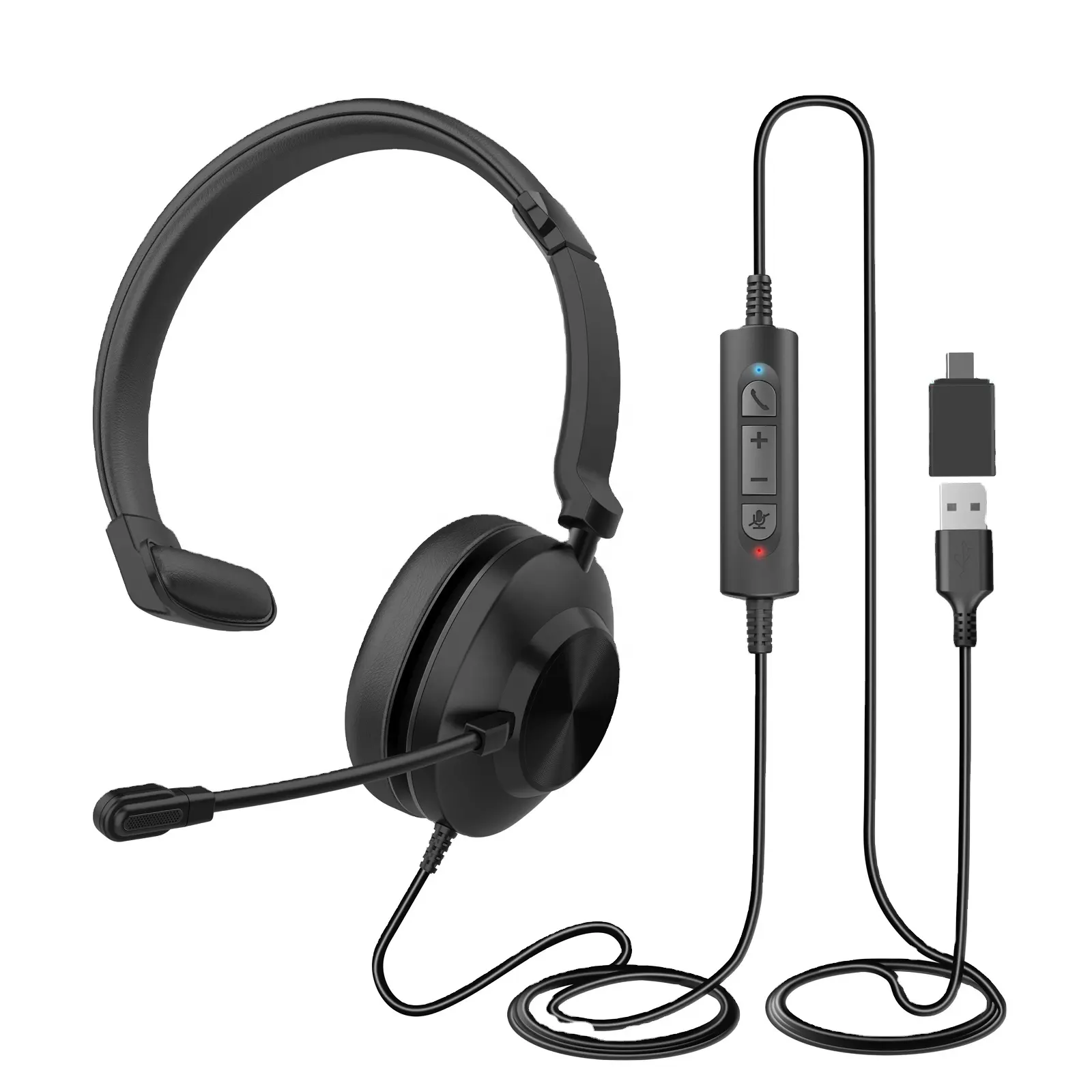 2024 Venta caliente Oficina con cable Usb-c Auriculares Mono Usb-A Mute Mic Auriculares con botón de volumen de control