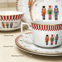 Service de table et tasses en porcelaine fine, design européen de luxe, écologique, motif casse-noisette de Noël, bordure blanche et rouge, festif
