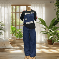 Ensemble deux pièces pour femmes, couleur contrastée, manches courtes, col rond, pantalon cargo patchwork, tenue streetwear