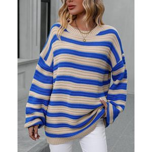 Pull en maille rayé oversize pour femme, col rond, manches longues, coupe ample, color block, anti-boulochage, décontracté, automne - Product Image 6