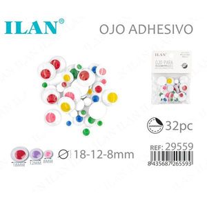 Occhi adesivi Ilan 18-12-8mm colori misti per lavori artigianali 32 pezzi - Product Image 1