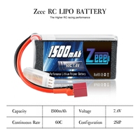 بطارية ليثيوم بوليمر Zeee 2S 7.4 فولت 60C 1500 مللي أمبير مع قابس دينز للطائرات بدون طيار والهليكوبتر والطائرات