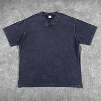 Kaos Pria V-Neck Vintage Batik Acid Wash Streetwear Berkualitas Tinggi, Bordir Custom, 250GSM 100% Katun Tebal