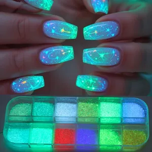 12 rejillas de polvo brillante holográfico que brillan en la oscuridad para uñas, efecto luminoso, pigmento cromado en polvo para decoración de uñas - Product Image 1