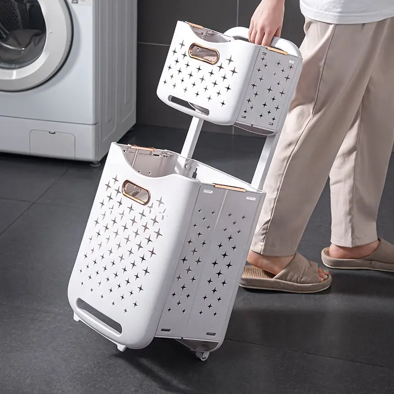 2 Tier plastic collapsible laundry baskets wheeled hamper dirty clothes hamper trolley movable laundry basket cart with wheels