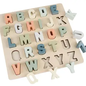 Blok Huruf Modal 3D Mainan Kayu Montessori Pendidikan Awal Kayu Jigsaw Puzzle ABC Blok untuk Anak-anak
