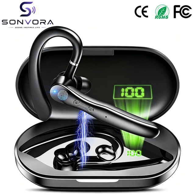 I33 Single Ear Wireless Headset with Digital LED Charging Case, Multipoint Connection, Ear Hook Earphone for Driving, Business