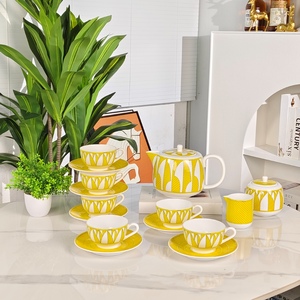 Premium 15-Piece Yellow Geometric Ceramic <b>Tea</b> <b>Set</b> Teapot Cup And Saucer For Afternoon <b>Tea</b> And Gifting - Product Image 2