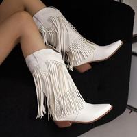 Bottes de cowboy confortables en PU pour femmes, mi-mollet, talon haut, bout pointu, brodées, semelle extérieure en caoutchouc épais, hiver/automne