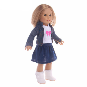 Vêtements pour poupées américaines de 43 cm, ensemble trois pièces en denim, t-shirt, veste, jupe pour poupées bébé Bew <span class=keywords><strong>Bron</strong></span> et Rebron de 18 pouces, jouets pour enfants, cadeau - Product Image 2