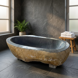 Grande baignoire autoportante de luxe en pierre de rivière avec couvercle, forme irrégulière durable pour adultes - Product Image 1