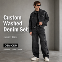 Ensemble IKDEER personnalisé pour homme, veste en jean noir délavé à franges brutes et jean large, style vintage unisexe, tenue de rue coordonnée