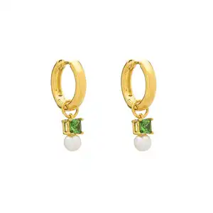 Carline Women Color Zircon Pearl Charm Pendant Hoop Huggie Earrings 18k Gold PVD Plated Stainless Steel Fashion Jewelry