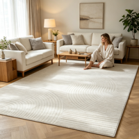 Tapis Wabi Sabi Jacquard aspect jute PP pour salon, beige, lignes ondulées texturées, antibactérien, hauteur de pile 9 mm, fin, pour la maison