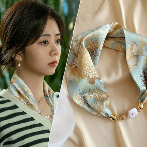 Sciarpa Lunga in Seta con Chiusura Magnetica, Collana di Perle da Donna, Motivo Foglie Primaverili, Stile Dolce, Protezione per il Collo Estiva, Nuovo Arrivo all'Ingrosso - Product Image 3