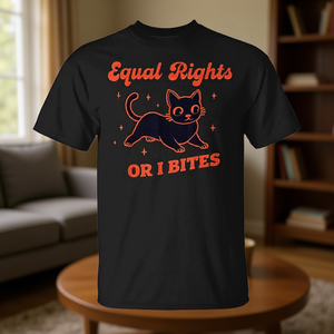 T-shirt Equal Rights Or I Bites Cat pour adulte, humoristique, féministe, col rond, manches courtes, noir uni - Product Image 3