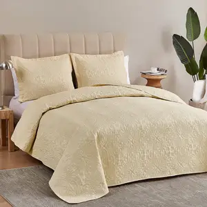 ultrasonic Quilted Bedspread Coverlet Bed Cover 3-Piece Quilt Set with Pillow Sham (QUEEN size , BEIGE) -Soft, Lightweight