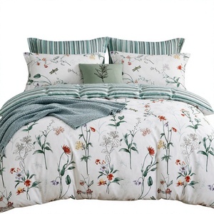 Juego de Ropa de Cama de Algodón con Diseño de Libélulas y Flores Silvestres, Funda de Edredón con Rayas Florales, para Venta al por Mayor y Dropshipping en la UE, 3 Piezas - Product Image 1