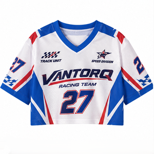 Custom Racing <b>Y2K</b> Crop Sport Jersey <b>Shirts</b> V Neck Contrast Rib Collar Mesh Fabric Sublimation Print Women Short Sleeve Top - Product Image 3