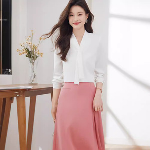 Women's White Long Sleeve Professional Shirt With Ribbon Solid Color Polyester No-Wrinkle Comfortable Workwear - Product Image 2