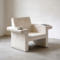 Chaise longue d'extérieur moderne en pierre avec table à accoudoirs, chaise de patio en pierre naturelle, mobilier de jardin