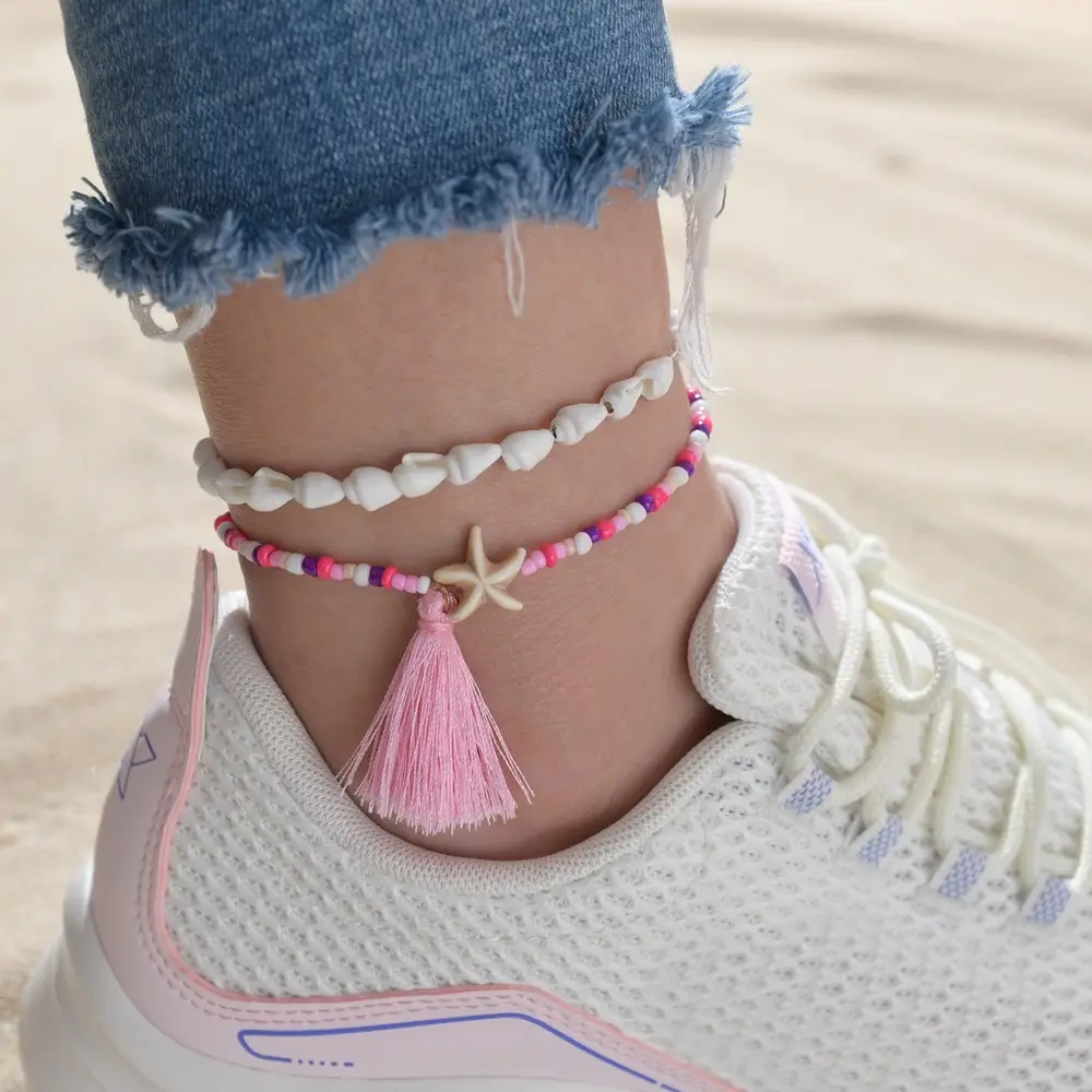Ethnic Style Layered Conch Sea Shell Leg Chain Ankle Rainbow Color Seed Beads Link Pink Line Tassel Anklets