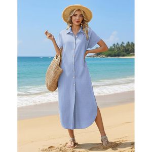Womens Casual Summer Long Shirt <b>Dress</b> With Pockets Turn Down Collar <b>Loose</b> Waist Breathable Woven Fabric Beach Cover Up - Product Image 2