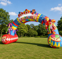 Arche gonflable personnalisée en forme de clown avec base tambour, portail d'entrée coloré pour carnaval, idéal pour parcs d'attractions, fêtes et événements.