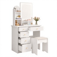 Coiffeuse moderne en verre blanc avec miroir LED et tabouret, 1 tiroir, pour chambre et salle de bain, ensemble de meubles