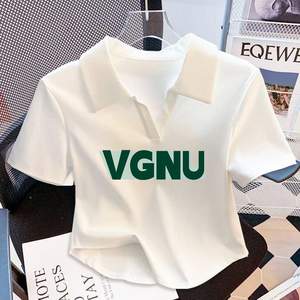 T-shirt côtelé en coton d'été élégant col en V pour femmes mignon à manches courtes pour col <span class=keywords><strong>polo</strong></span> haut épaules régulières polyvalent décontracté Sty - Product Image 3