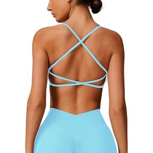 Sujetador deportivo con tiras cruzadas para mujer, acolchado, de bajo impacto, para yoga, correr, hacer ejercicio, con copas extraíbles, azul claro, M - Product Image 1