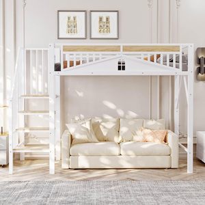 Lit mezzanine moderne avec échelle, garde-corps, cadre métallique, éléments décoratifs <span class=keywords><strong>de</strong></span> fenêtre, taille Twin XL, DNF (sans matelas) - Product Image 3