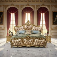 Lit double en bois massif de style européen en cuir véritable 1,8 m, design noble doré sculpté avec strass, fonction démontable, pour chambre à coucher
