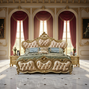 <span class=keywords><strong>Lit</strong></span> double en bois massif de style européen en cuir véritable 1,8 m, design noble doré sculpté avec <span class=keywords><strong>strass</strong></span>, fonction démontable, pour chambre à coucher - Product Image 1
