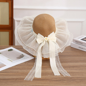 Elegant Women's Straw <b>Floppy</b> <b>Hat</b> With Lace Trim And Bow Ribbon Beach Sun Protection Accessory - Product Image 1