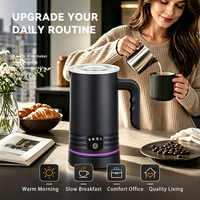 Espumador de Leche Eléctrico 4 en 1 con Mango Ergonómico, Luz LED Púrpura, Acero Inoxidable, Calentador de Leche para Espuma Fría y Caliente, Chocolate Caliente, Libre de BPA