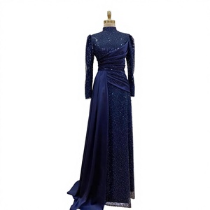 Robe de soirée longue en satin à col carré, entièrement recouverte de dentelle perlée, amincissante, élégante et discrète, fabriquée en usine - Product Image 1