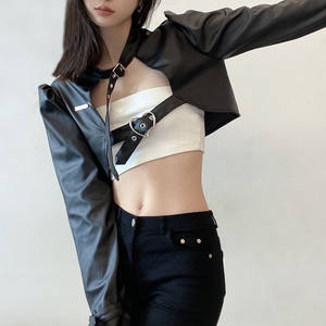 เสื้อแจ็คเก็ตหนังเทียมทรงไบค์เกอร์สำหรับผู้หญิง ดีไซน์เท่ห์สีเข้ม แต่งดีเทลหัวเข็มขัด แฟชั่นเสื้อคลุม - Product Image 2