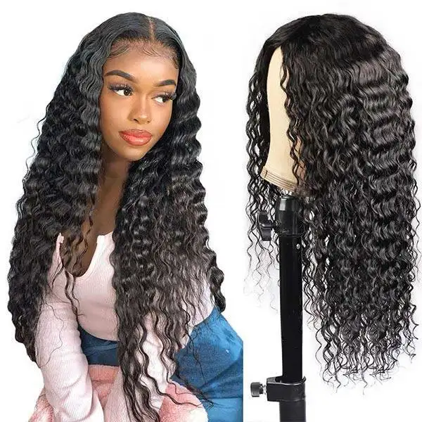 Vente en gros perruque de cheveux humains Deep Wave en dentelle douce 100% perruques de cheveux brésiliens Water Wave Lace Front perruques avec des cheveux de bébé