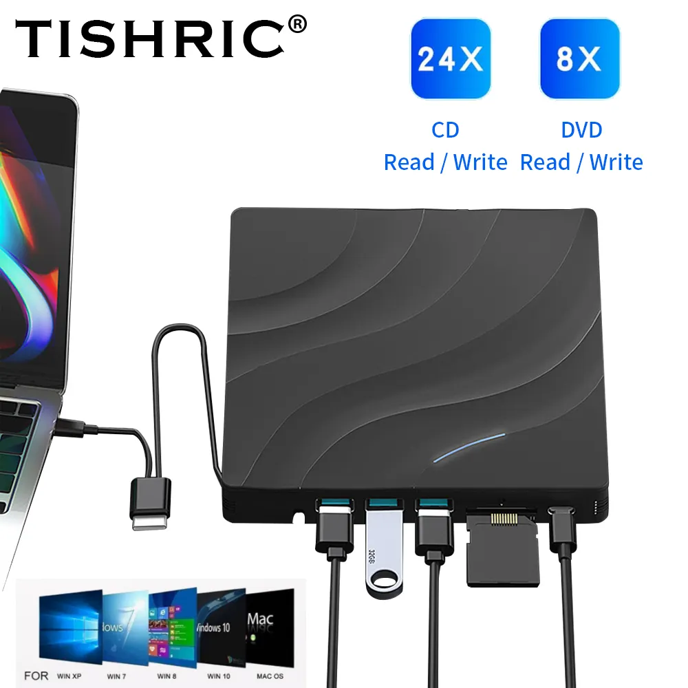 Tisshric USB 3.0 tipo-C multifunzionale DVD esterno USB CD Writer Drive masterizzatore adatto per PC portatile in qualsiasi occasione