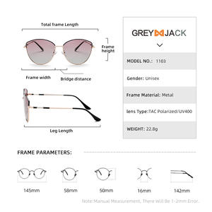 Lunettes de soleil grises Jack Cat Eye pour femmes, monture en métal, couleur or, lentille TAC, protection UV400, classe 2, numéro de pièce 1103 - Product Image 5