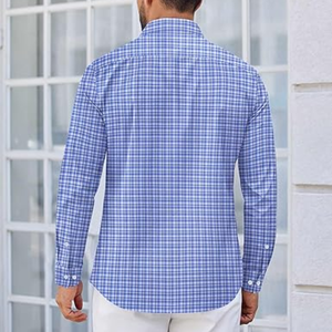 Chemise décontractée à manches longues pour homme, à carreaux, en tissu teint, col rabattu, boutonnée avec poche - Product Image 2